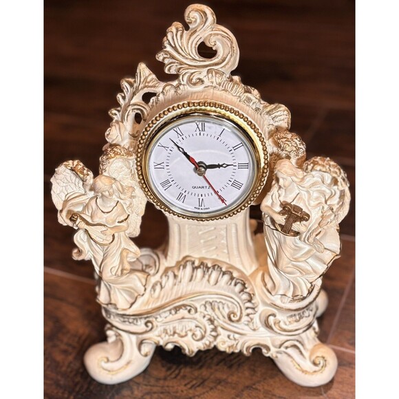 Vintage Double Angel Resin Desk Mantel Quartz Clock White/Gold Working - Picture 10 of 10